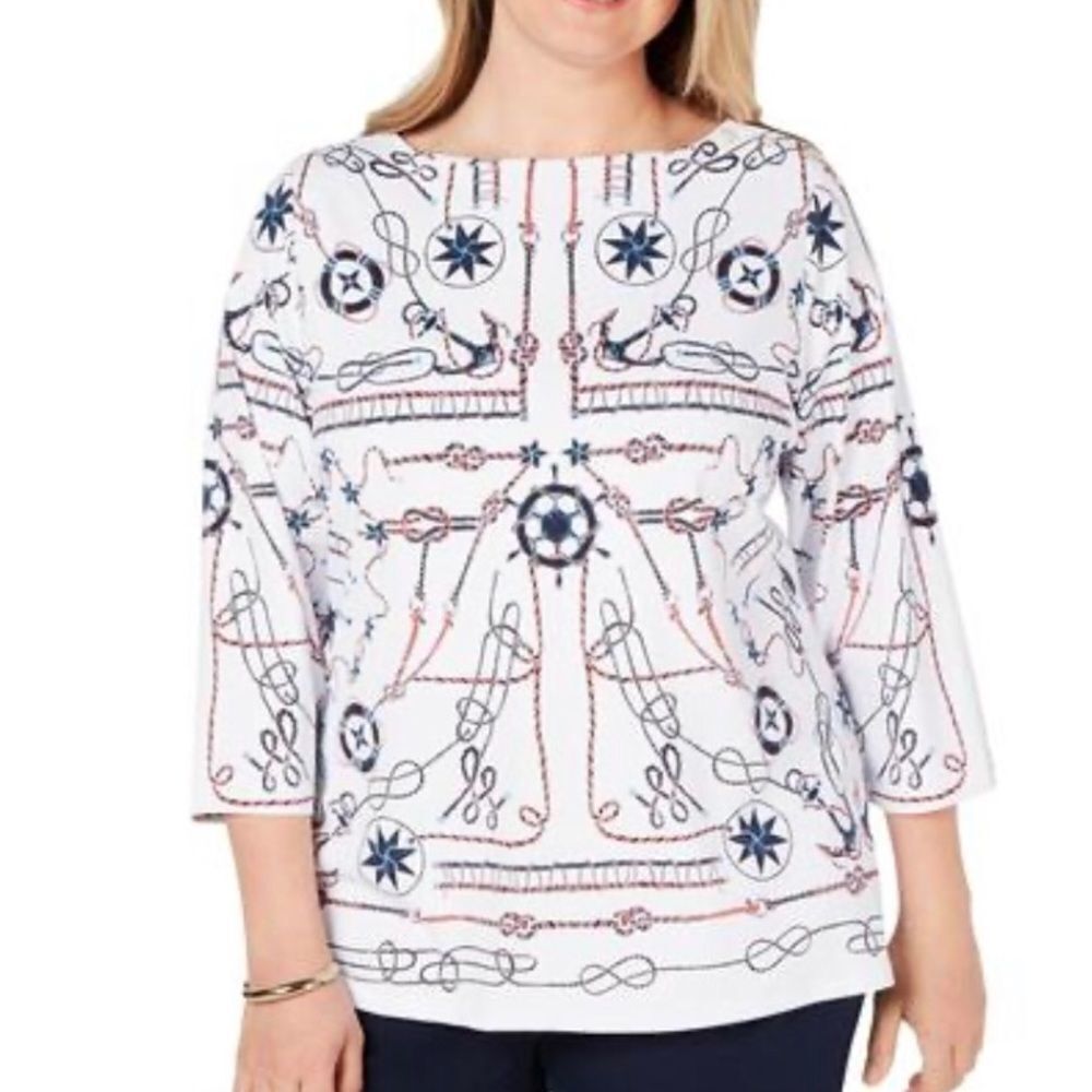 Charter Club Printed 3/4 Sleeves Pullover Top SP